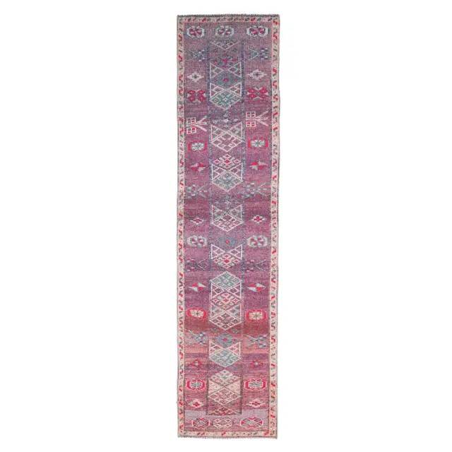 Vintage Turkish Oushak Handmade Cotton Purple Wool Runner Rug 80x348