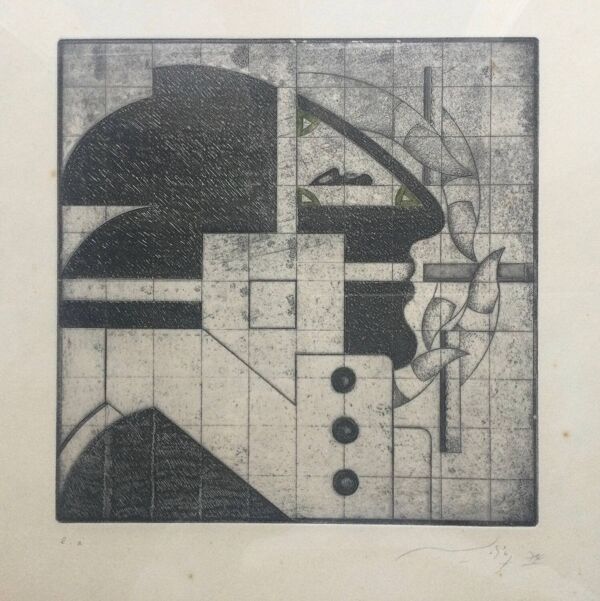 Adam lude döring ( 1918-1985).le fumeur,1974.eau-forte et aquarelle