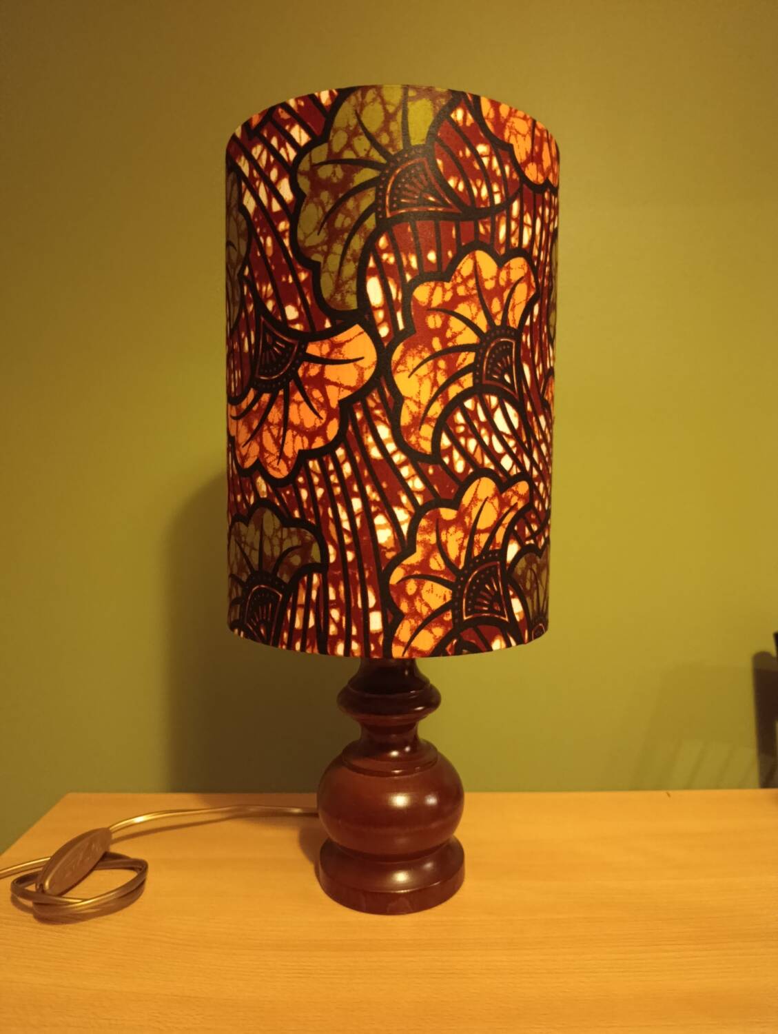 rustic chic turned wooden lamp, ethnic African wax lampshade