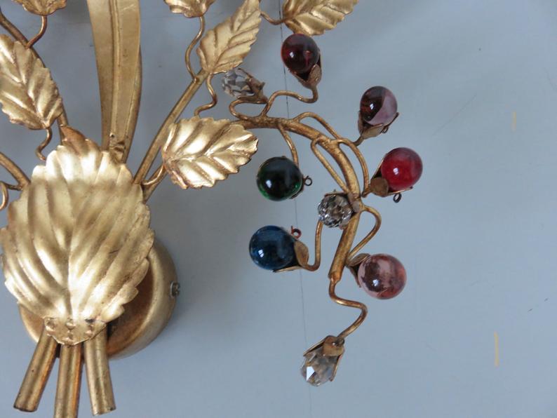 Wall light flower Hans Kogl in gold metal and pearls 70s