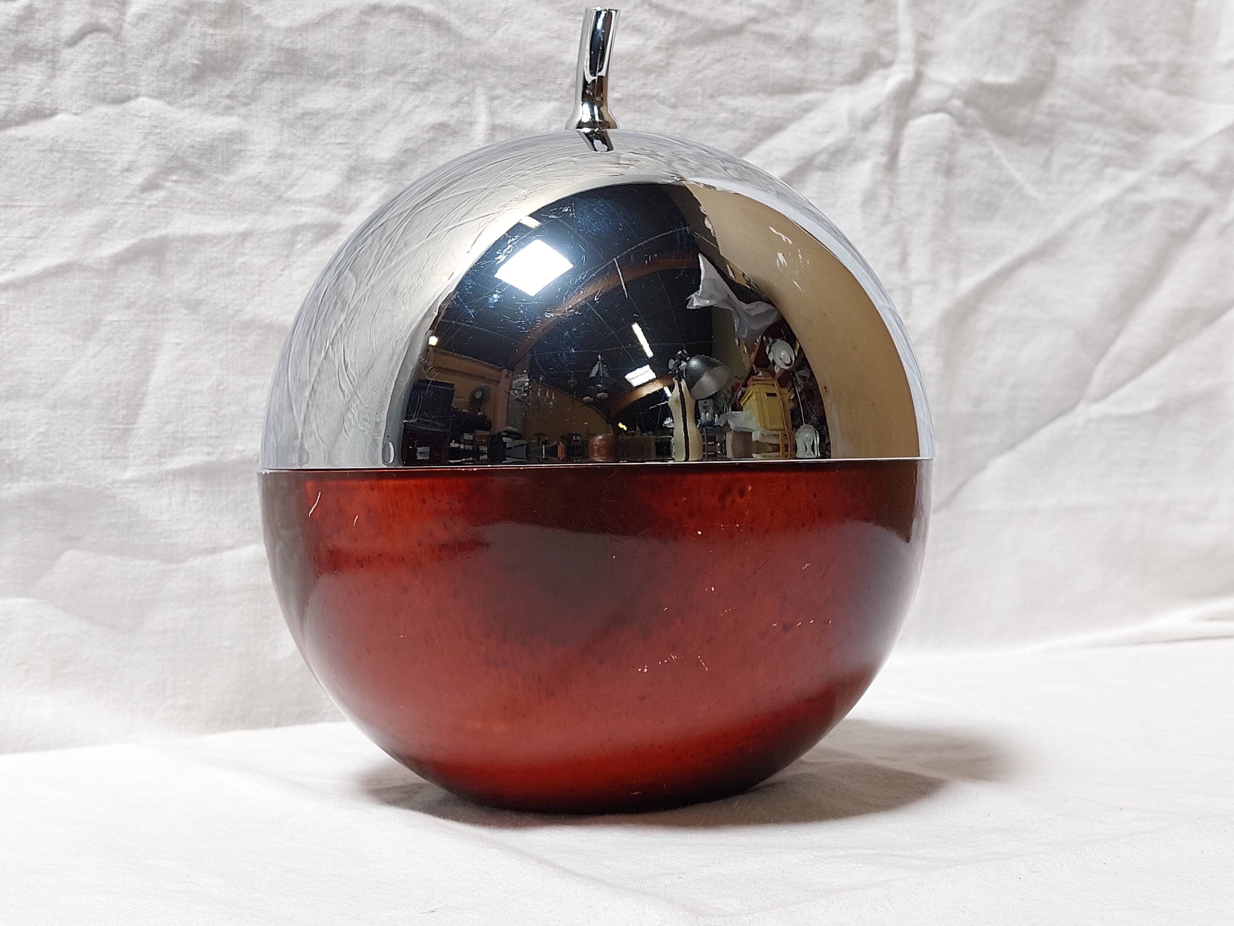 Ice bucket in the shape of an apple, chrome metal and red Bakelite, France, 70s