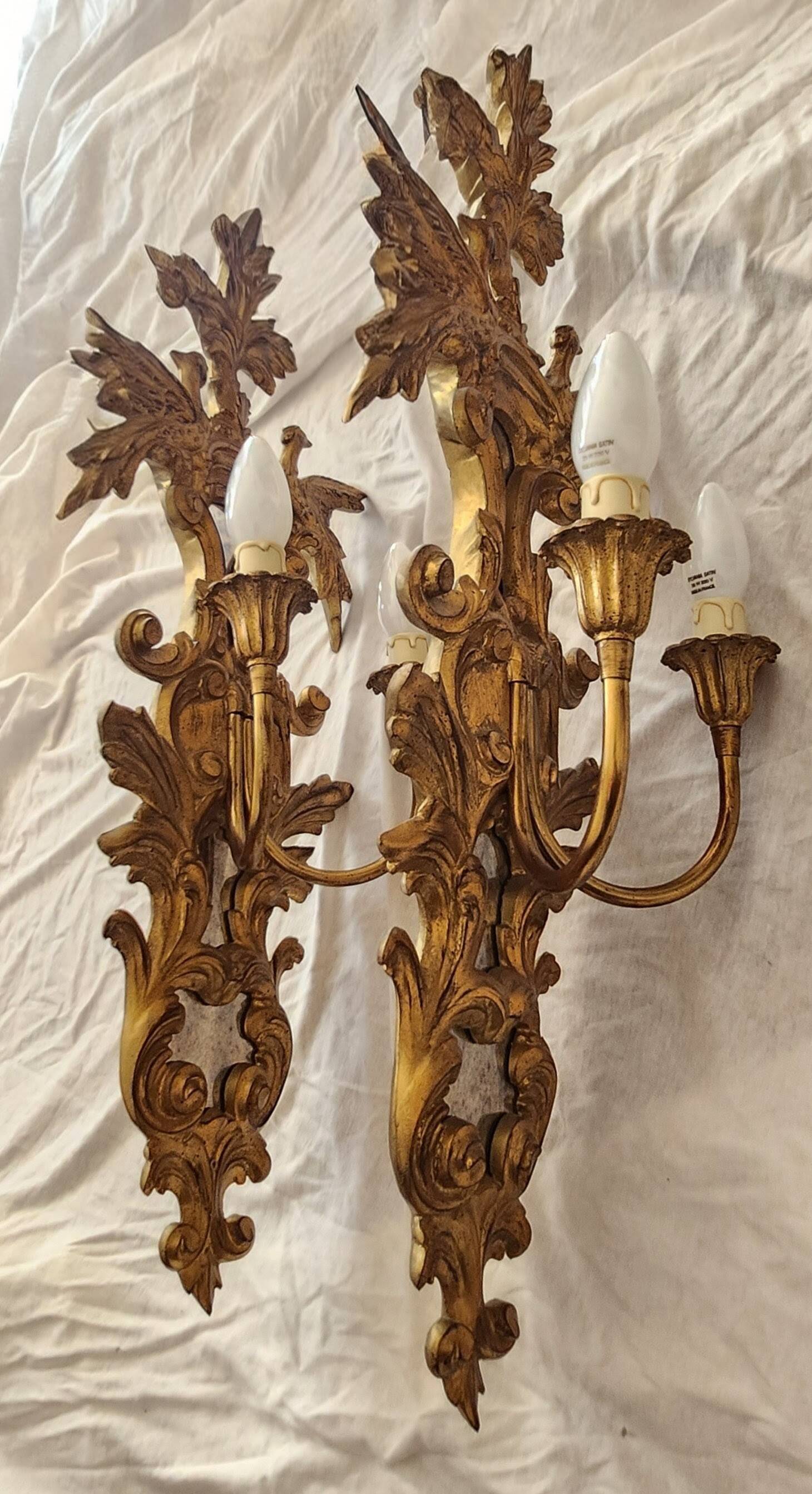 Louis XVI wall lamps Rocaille gilded carved wood antique mirror glass