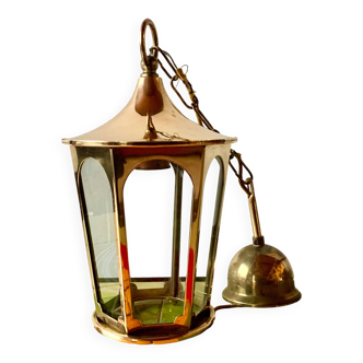 Ancienne lanterne hexagonale  en laiton et verre