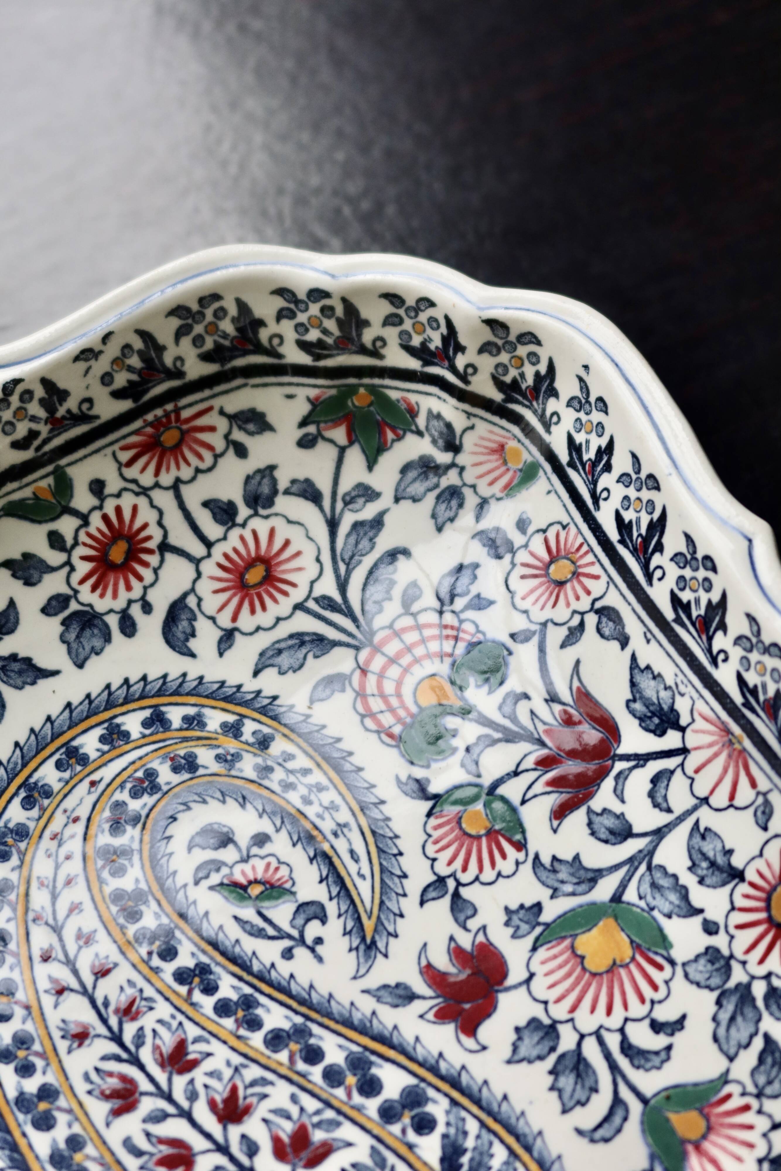 Vintage Gien earthenware square bowl with paisley pattern, 1960s