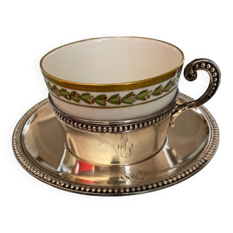 Tasse 19 eme siècle métal argenté et porcelaine