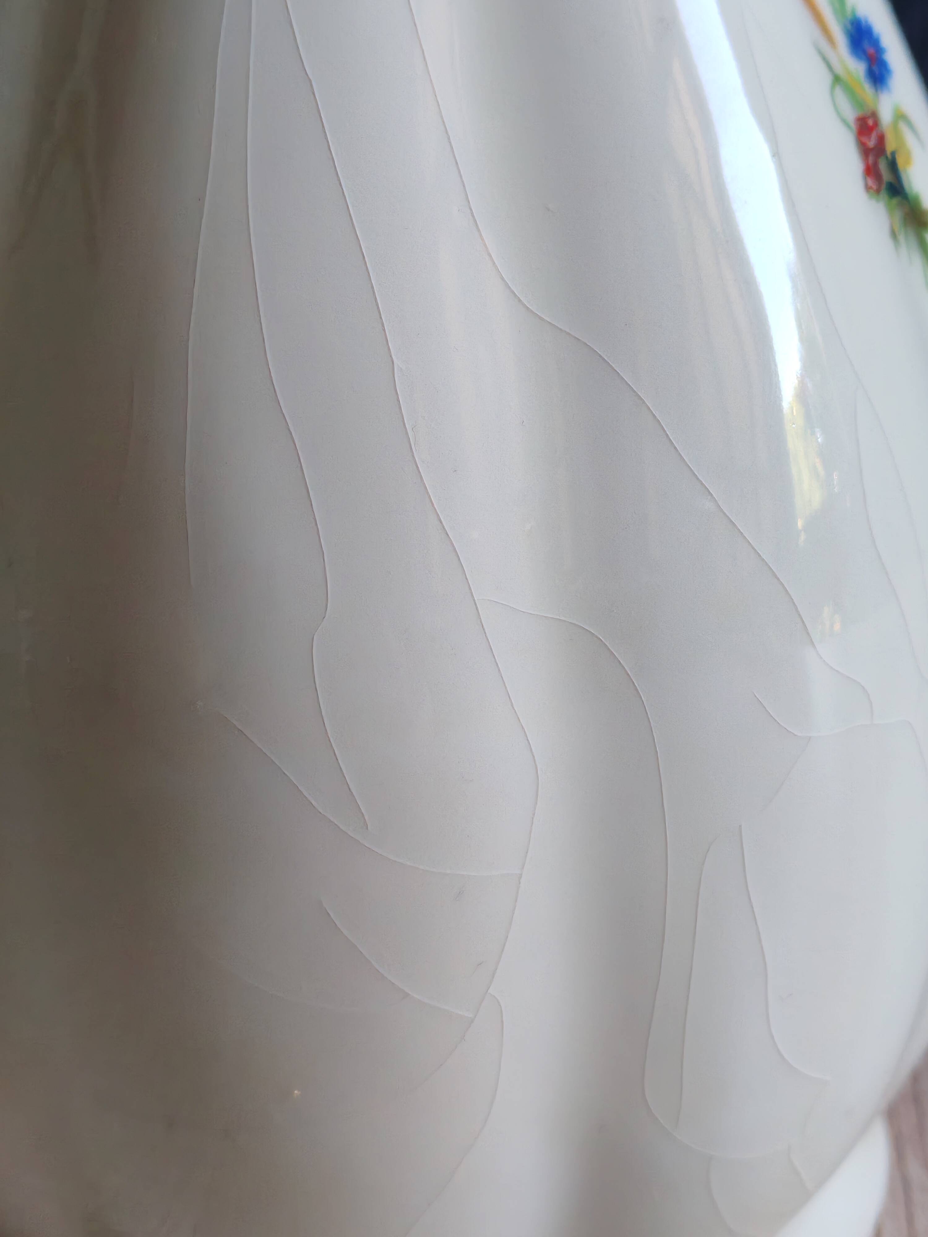 Vintage White Broken Ceramic Vase with Floral Pattern, Ribbed Vase