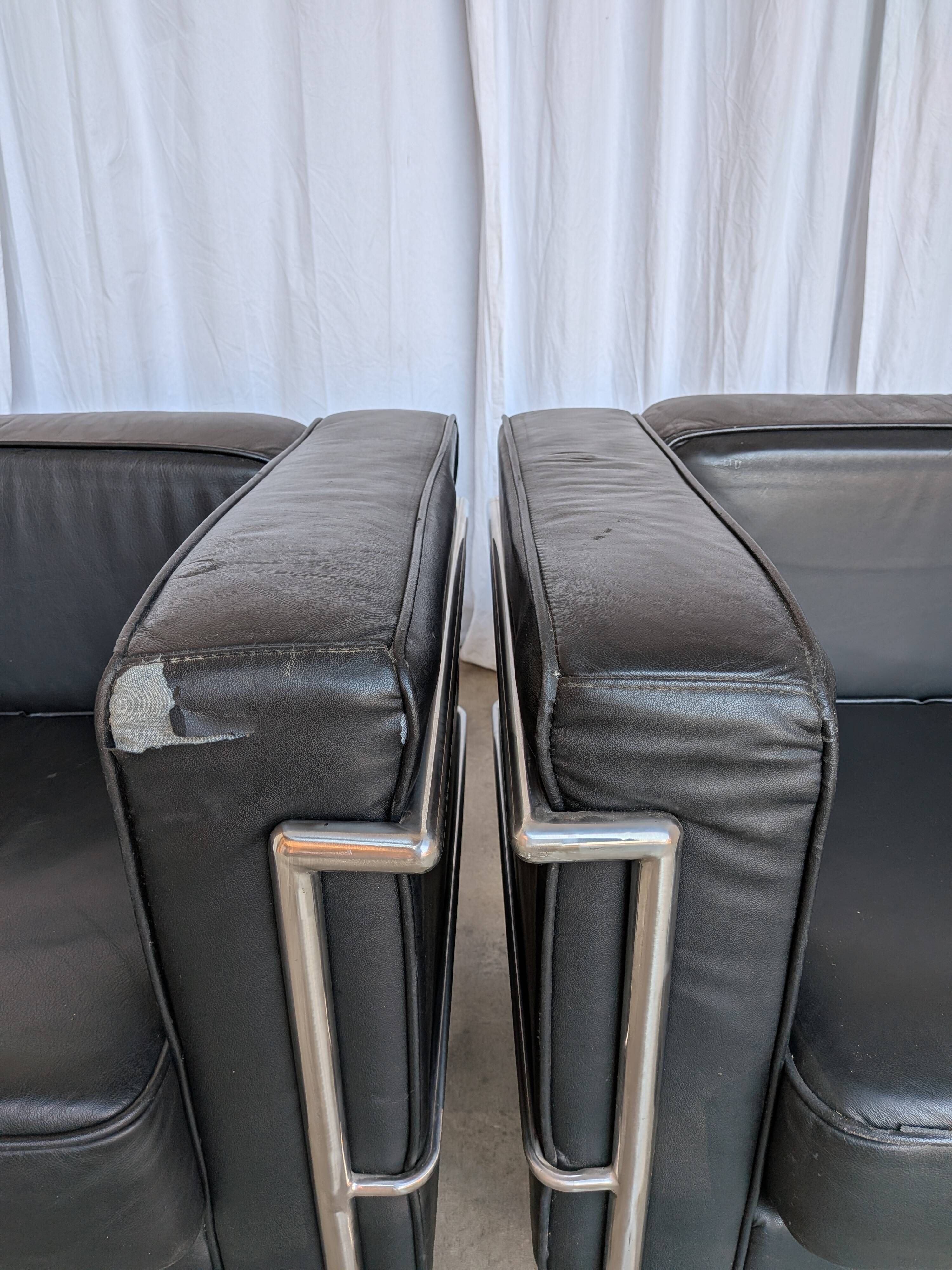 Set of 2 Mid-century Black Leather Lounge Chairs / Italian Design Armchairs