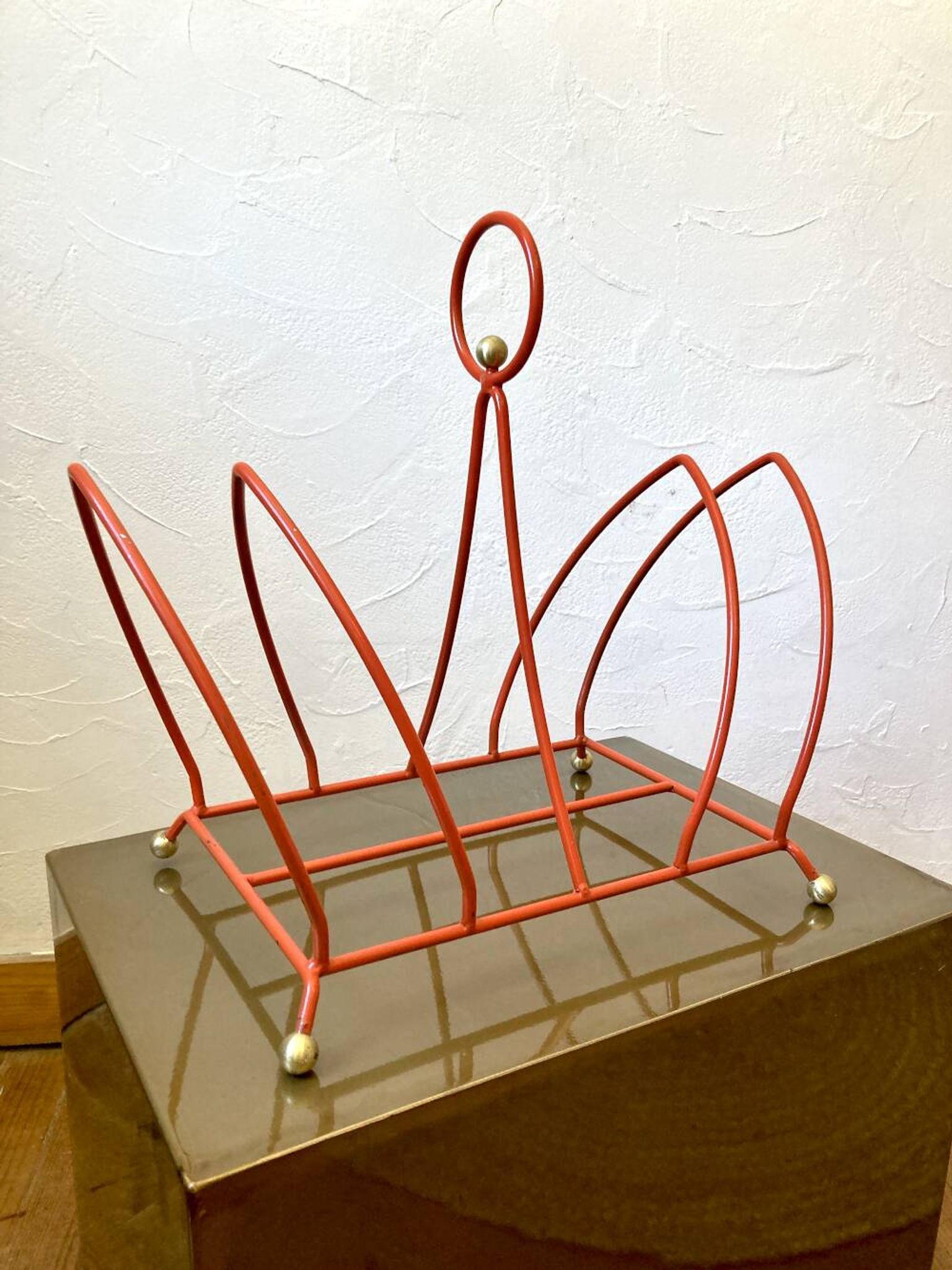 Vintage orange metal magazine rack, 1970s