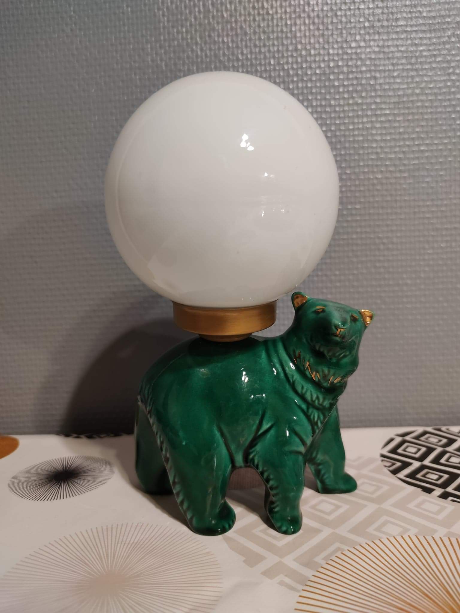 Green ceramic bear lamp and white opaline globe