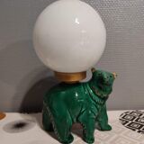 Green ceramic bear lamp and white opaline globe