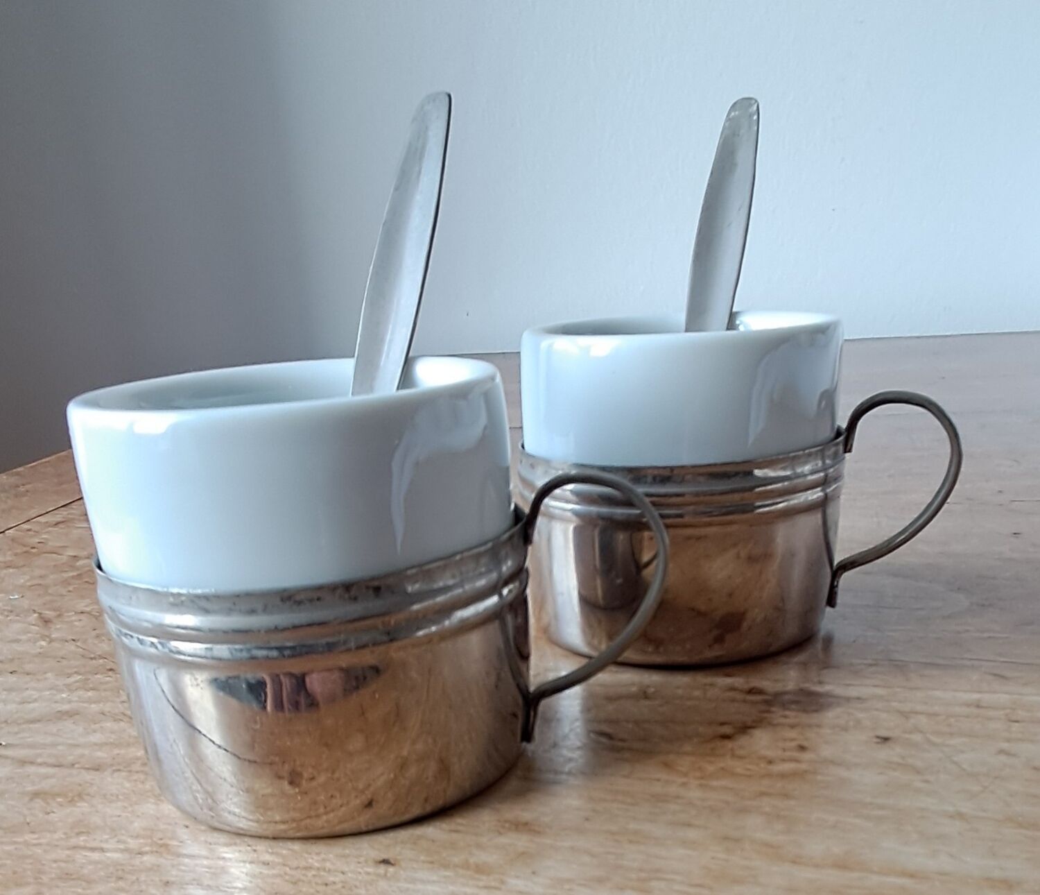 Vintage espresso cups. Porcelain and removable metal stand.