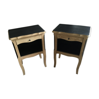 Paire de chevets ou tables de nuit noir et bois brut