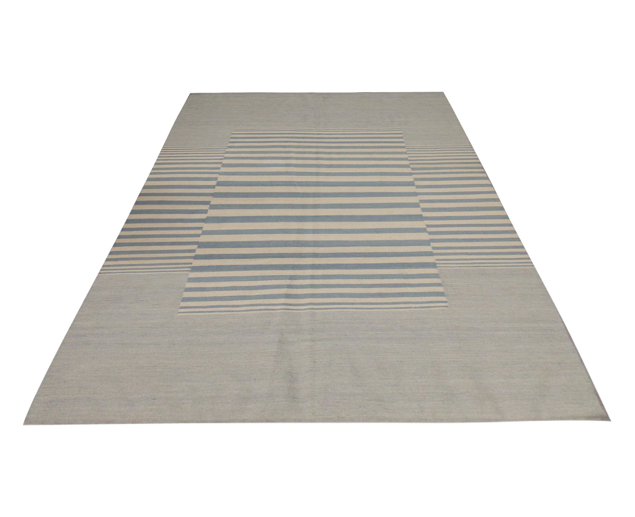 Blue cream wool kilim handwoven modern kilim flat-weave area rug-205x283cm