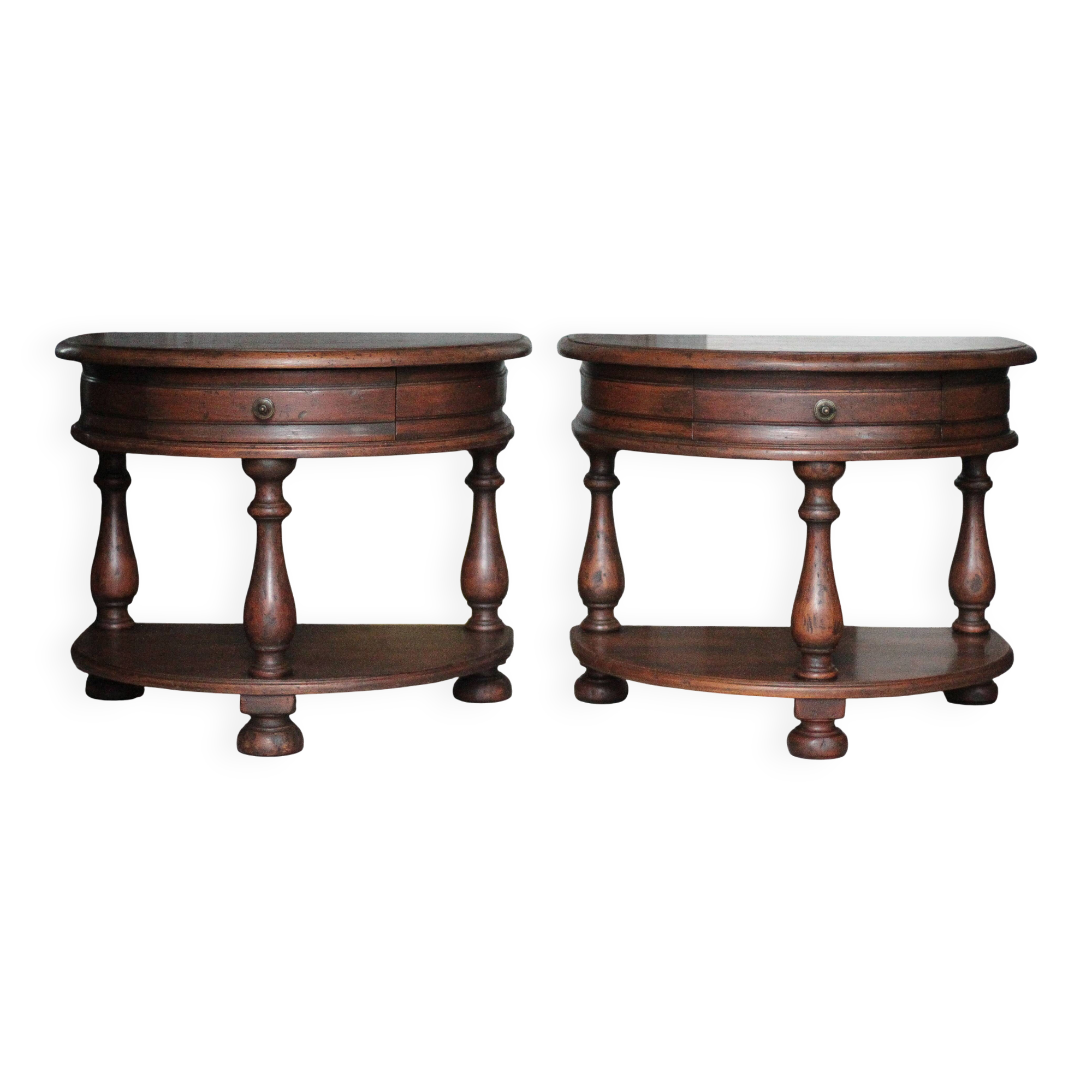 Pair of rounded wooden bedside tables, bedside table, end table.