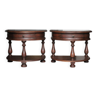Pair of rounded wooden bedside tables, nightstand, side table.