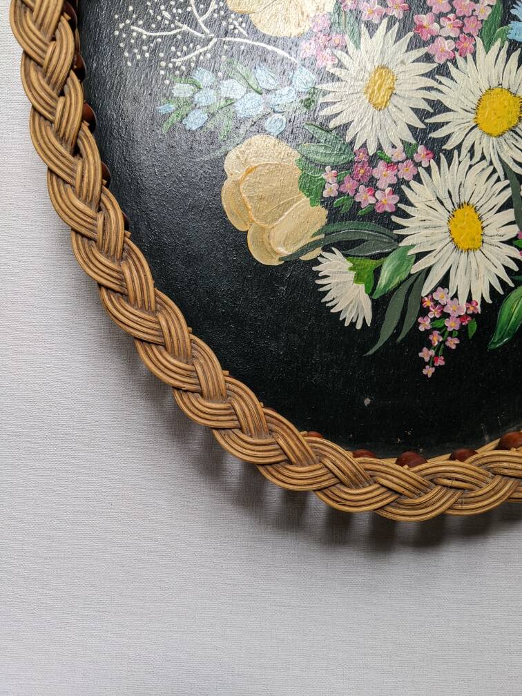 Serving tray with floral decoration, handmade braiding, bohemian countryside