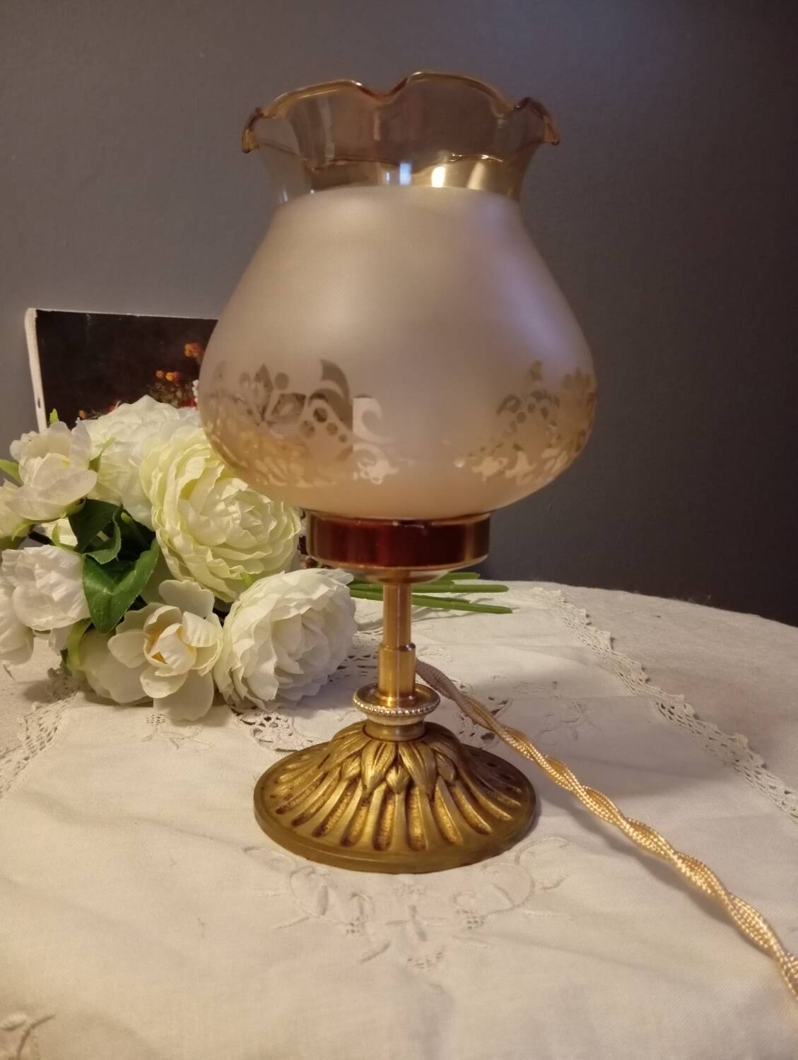 Bronze foot table lamp, satin amber lampshade, circa 1960