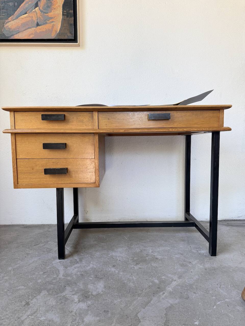 Modernist 50s oak metal desk