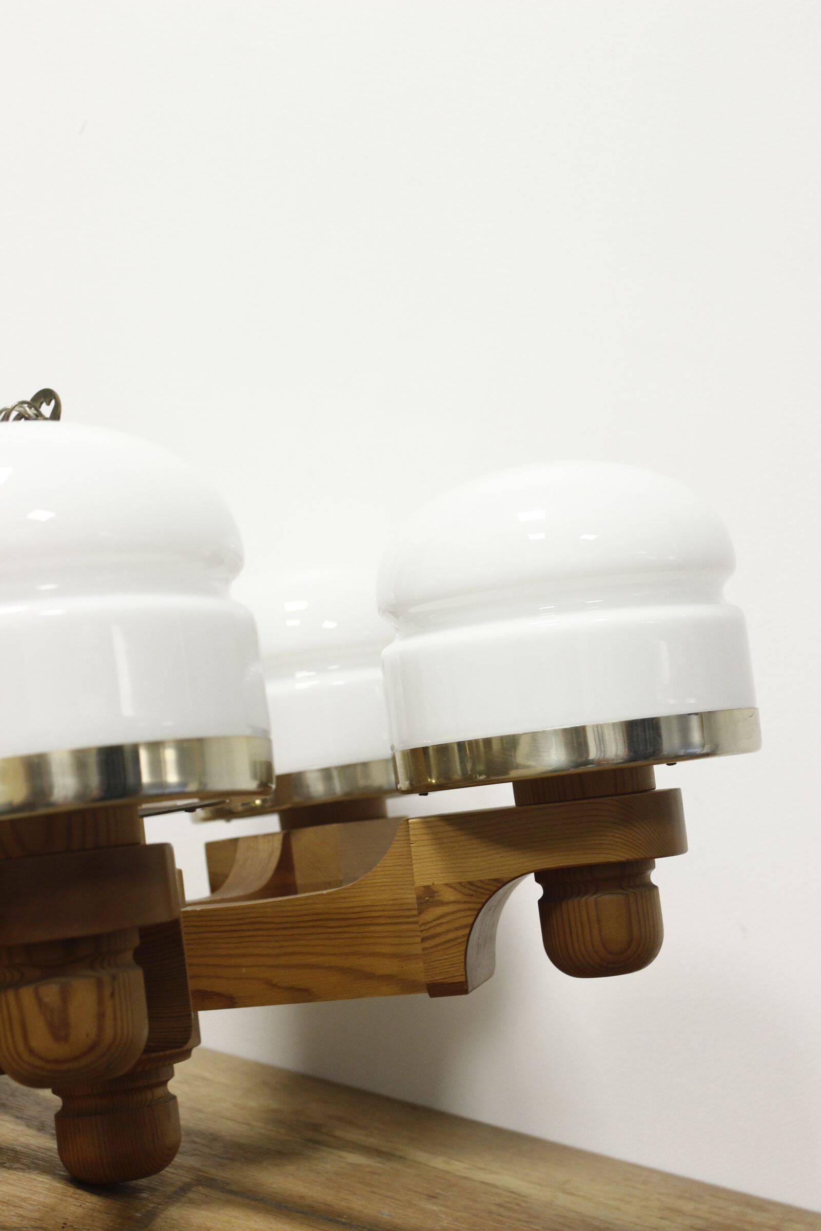 Scandinavian pine & opaline chandelier by Jan Wickelgren for Aneta Sweden, 1970s