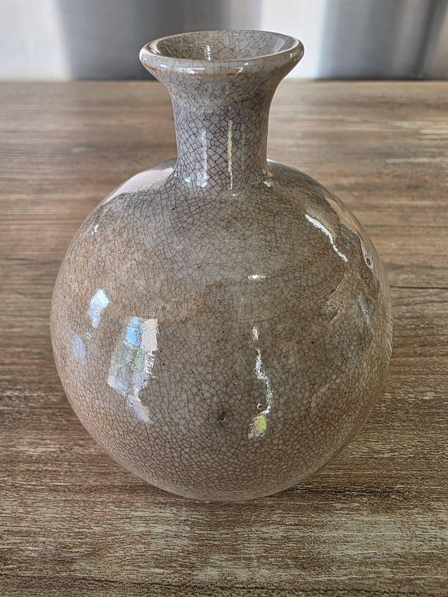 Small round vase soliflore, crackled glazed stoneware, ceramist seal.