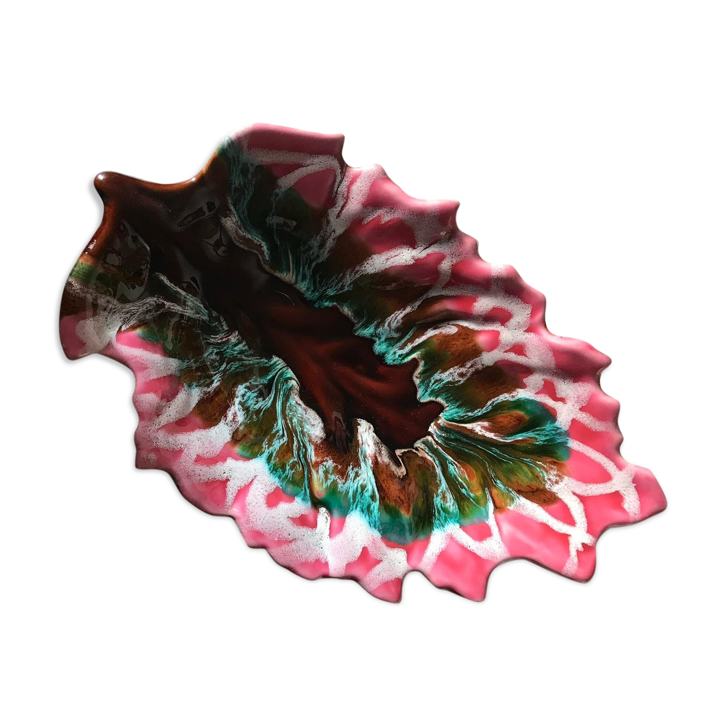 Vintage ceramic leaf dish Vallauris signed - pink and green