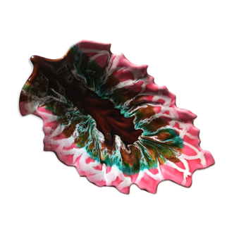 Vintage ceramic leaf dish Vallauris signed - pink and green