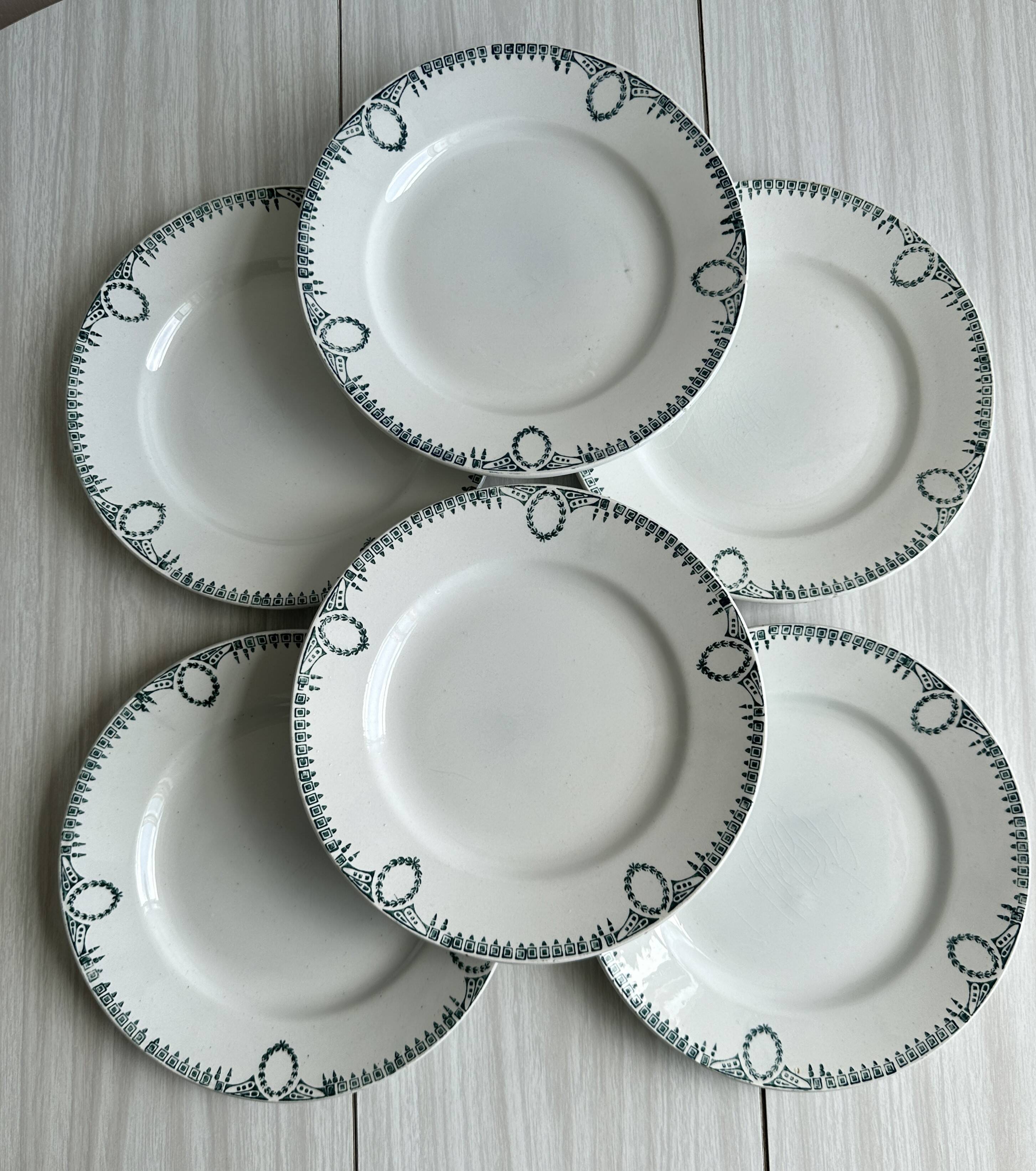 6 earthenware dinner plates, green decor, St Amand Nord iron earth.