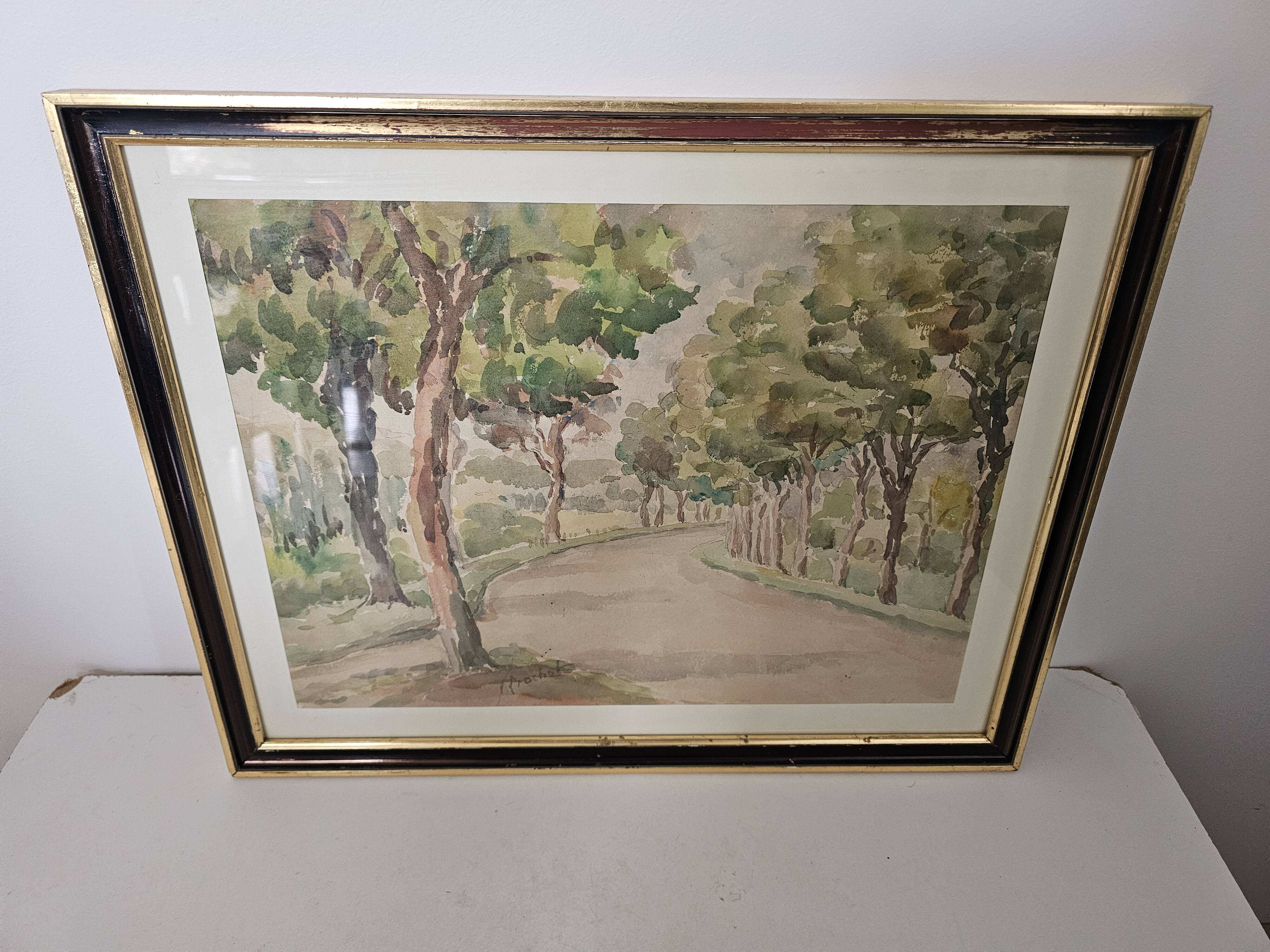 Painting - Watercolor Park Alleys signed Prochot