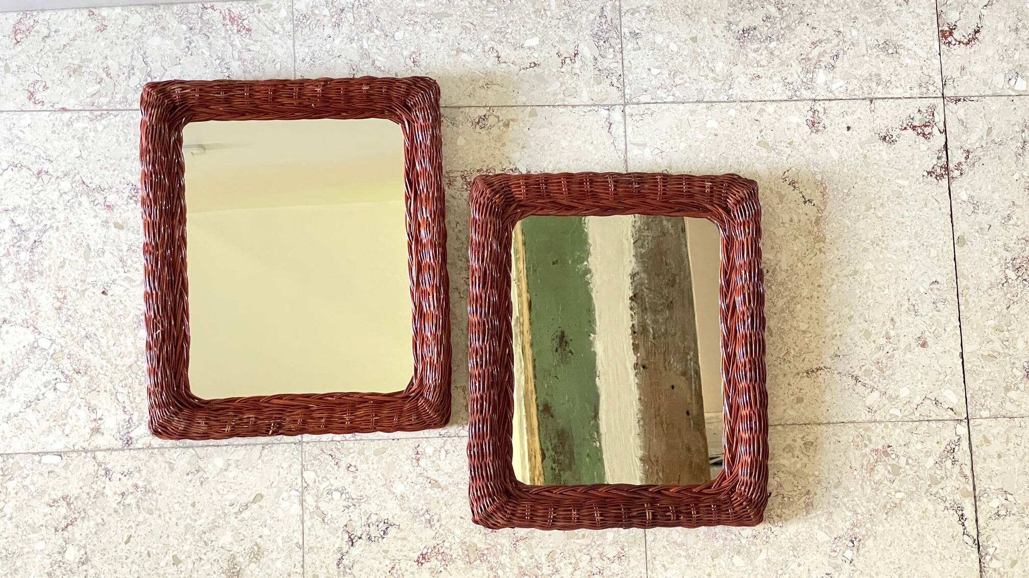 Pair of vintage rattan wicker mirrors