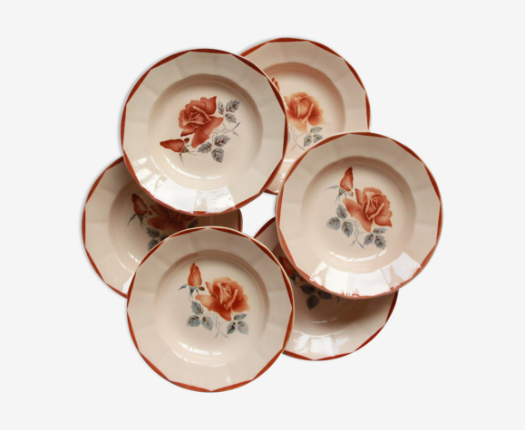 Lot de 6 assiettes creuses fleuries faïence ancienne Digoin Sarreguemines modèle 9181 vieux rose