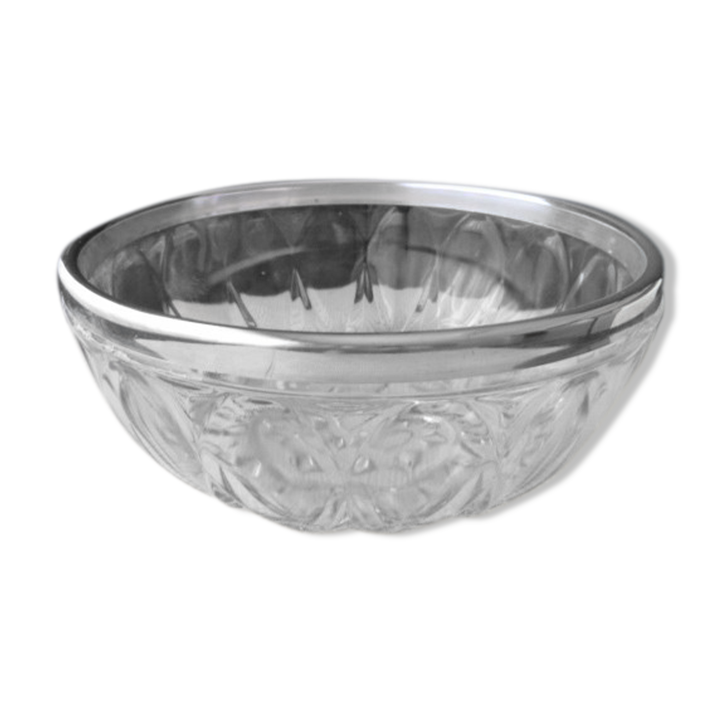 Salad bowl or fruit cup made of molded pressed glass and silver metal