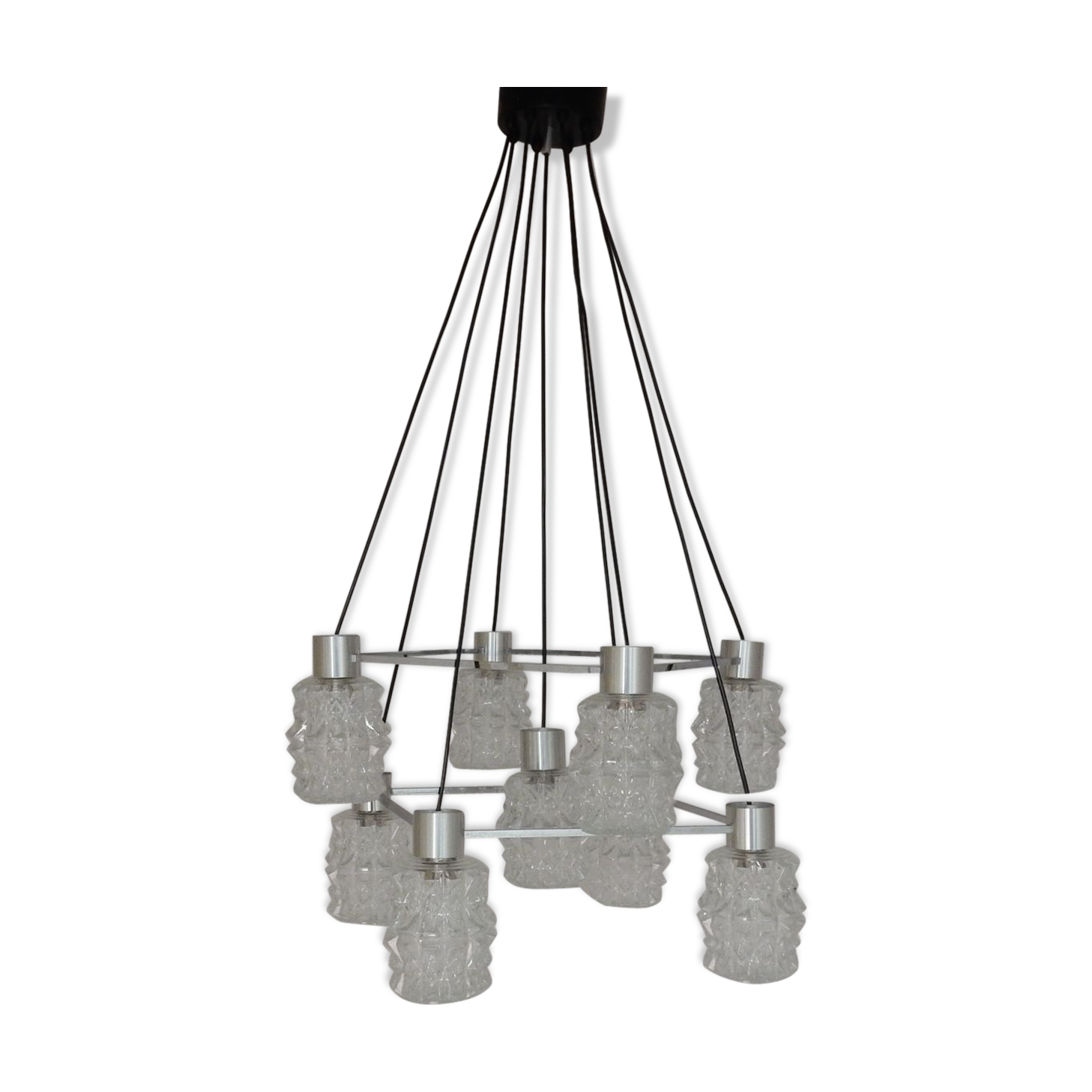 1970s glass and chrome chandelier