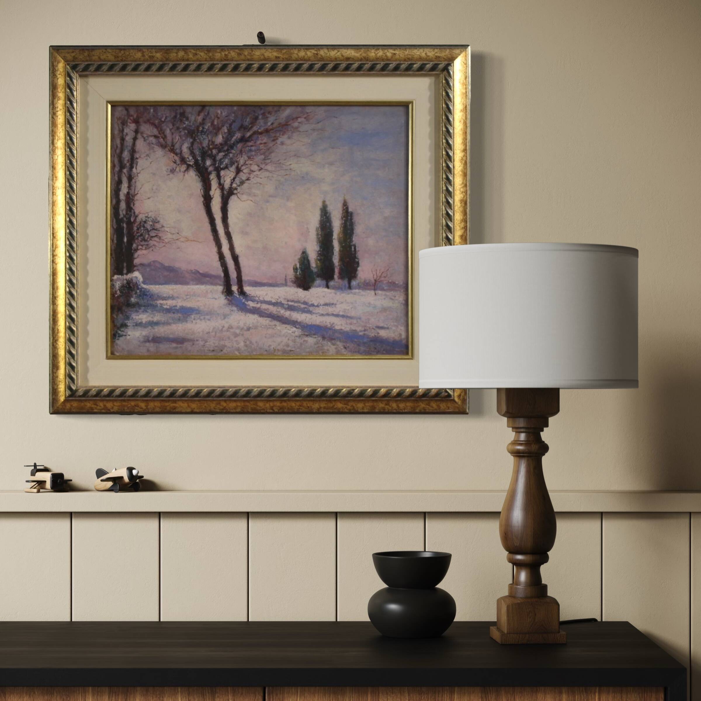 Peinture de paysage enneigé italien signée et datée de 1932.