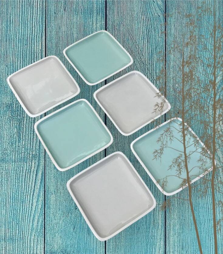 Turquoise and grey square dessert plates