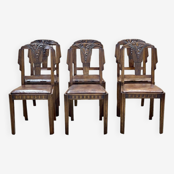 Série de 6 chaises d'époque Art déco en chêne et assise cuir