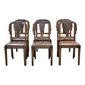 Series of 6 Art Deco period chairs in oak and leather seats