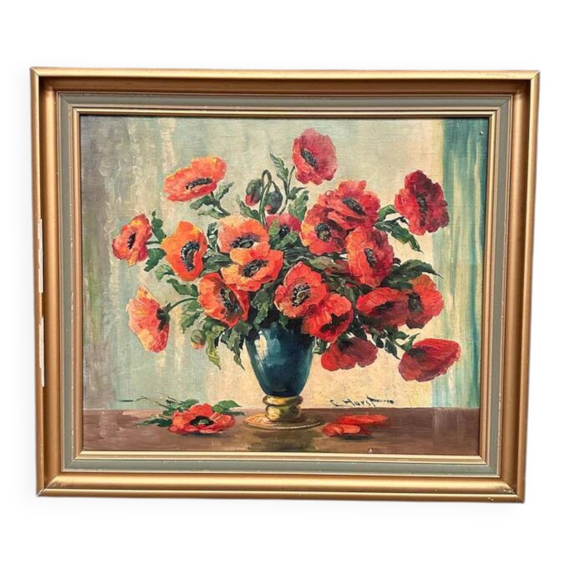Original Swedish Oil on Canvas – "Red Poppies in a Blue Vase" by C. Horst – Signed – Vintage and Framed – 72 × 62 cm (28.3" × 24.4")