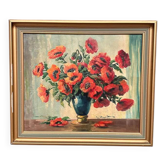 Huile sur toile suédoise encadrée – "Pavots rouges dans un vase bleu" par C. Horst, signée