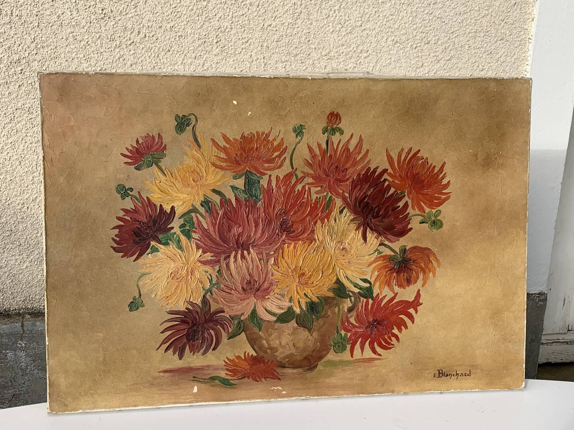 Painting the bouquet of vintage dahlias signed Blanchard