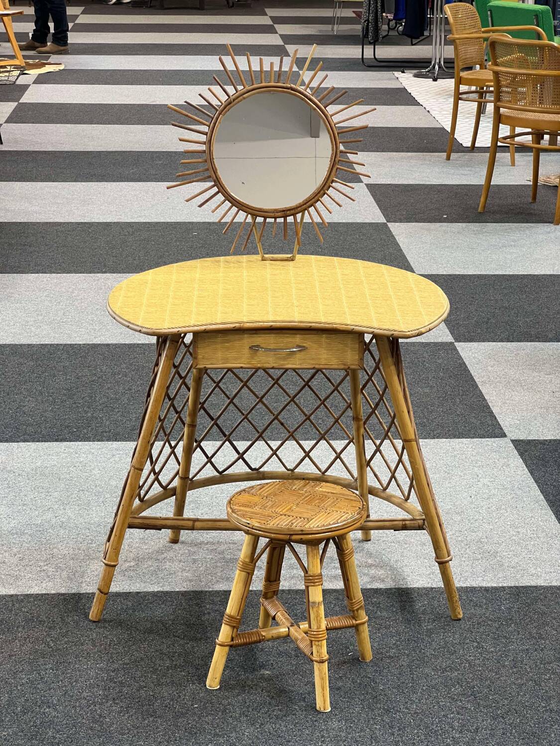 Rattan dressing table with sun mirror and its stool.