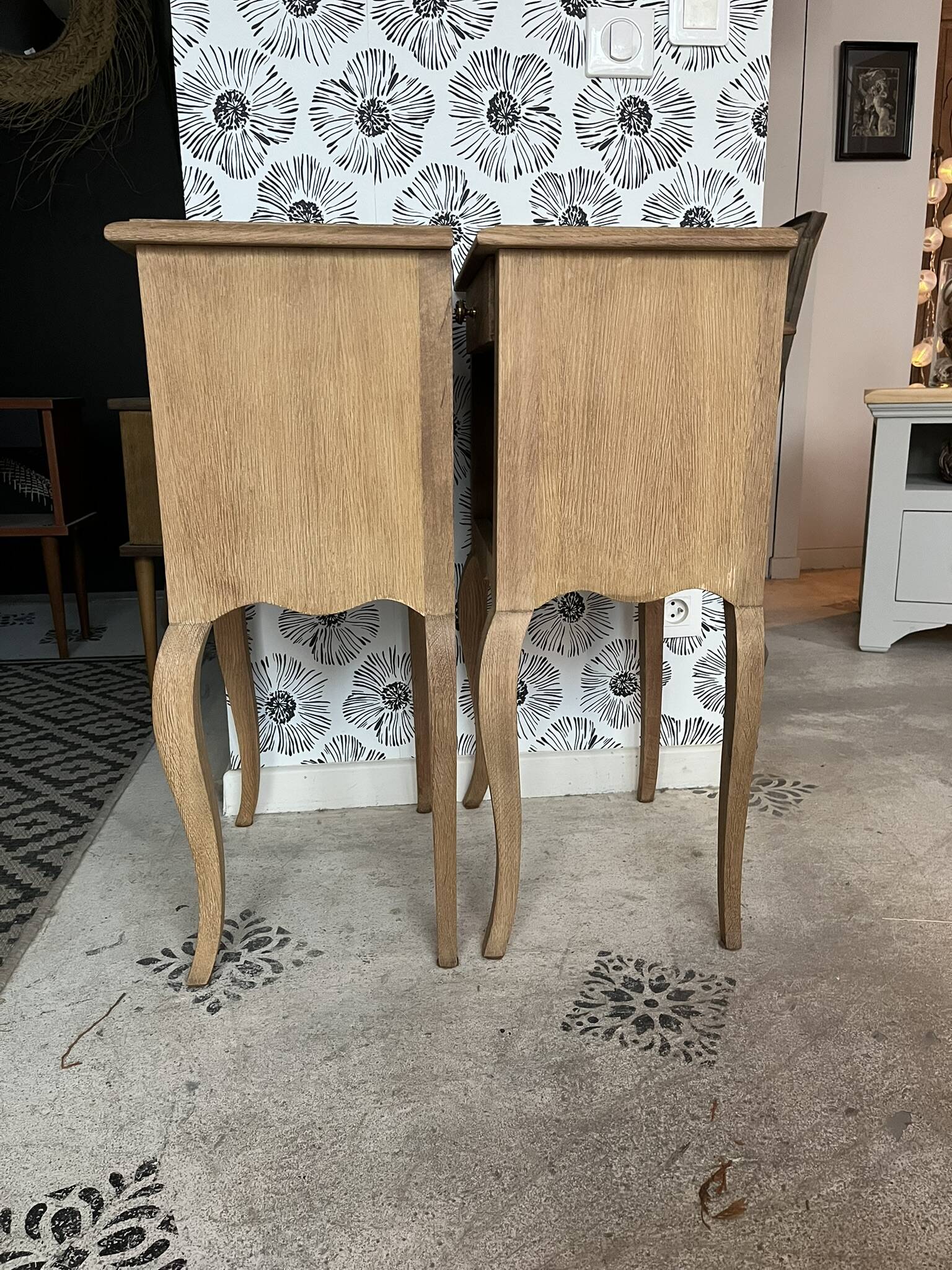 Pair of vintage wooden bedside tables Zoé and Noé with drawers.