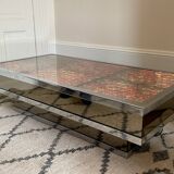 Table basse lumineuse vintage, miroir, chrome et fibre optique
