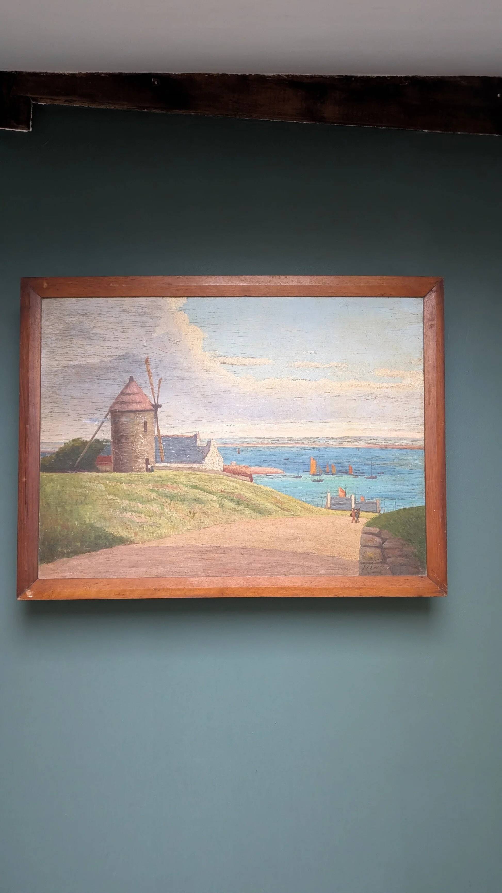 Tableau en bois - Marine au moulin