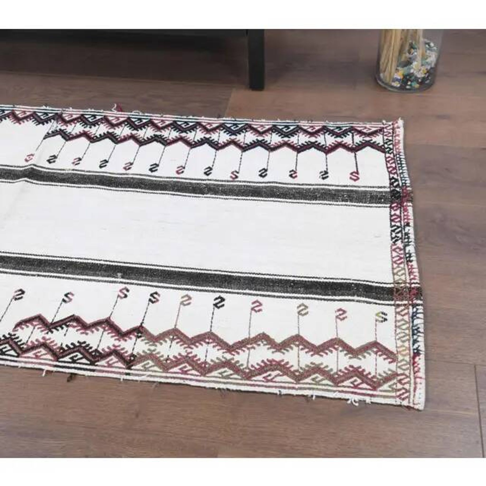 Vintage Turkish Hand-Knotted Wool Cotton White Kilim Runner Rug 71x157