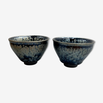 Coffret 2 bols à thé Tenmokus céramique chinoise émail glacé peintes à la main