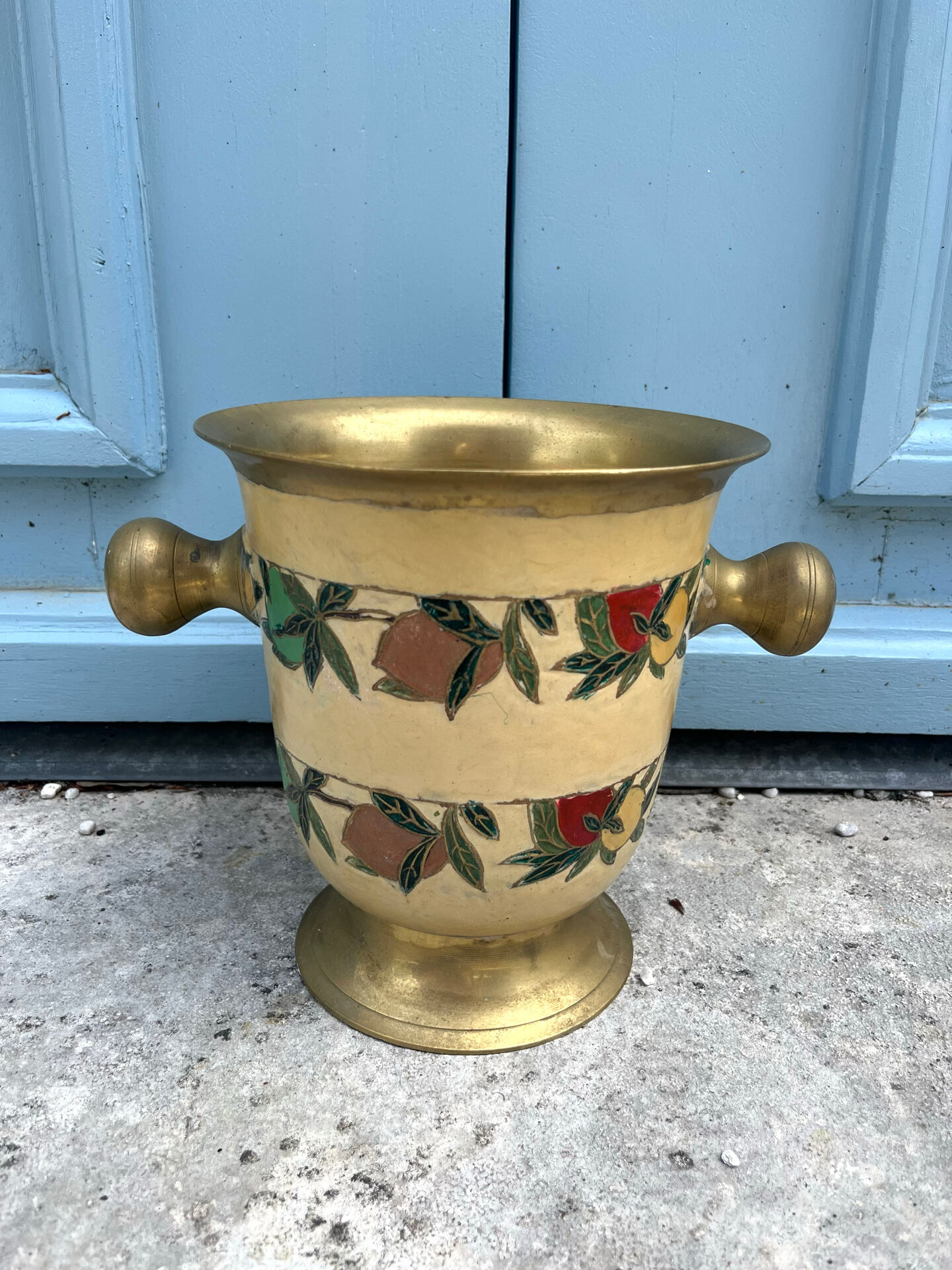 French Brass Cloisonné Style Champagne Bucket with Hand-Painted Fruit