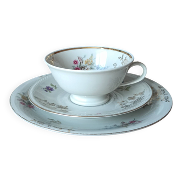 Trio ancien porcelaine Bavaria – tasse soucoupe assiette – fleurs & do