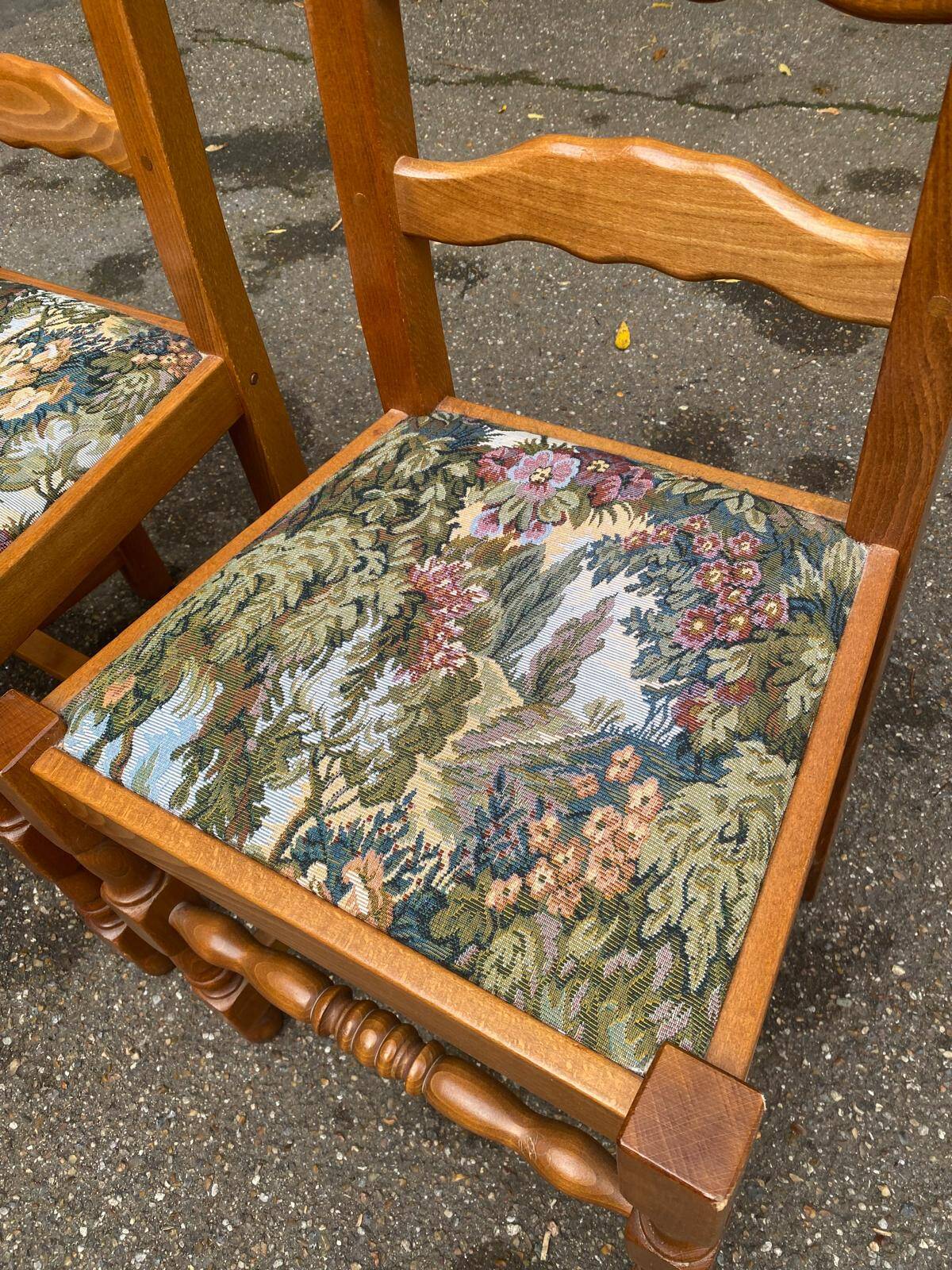 3 solid wood chairs with embroidered fabric