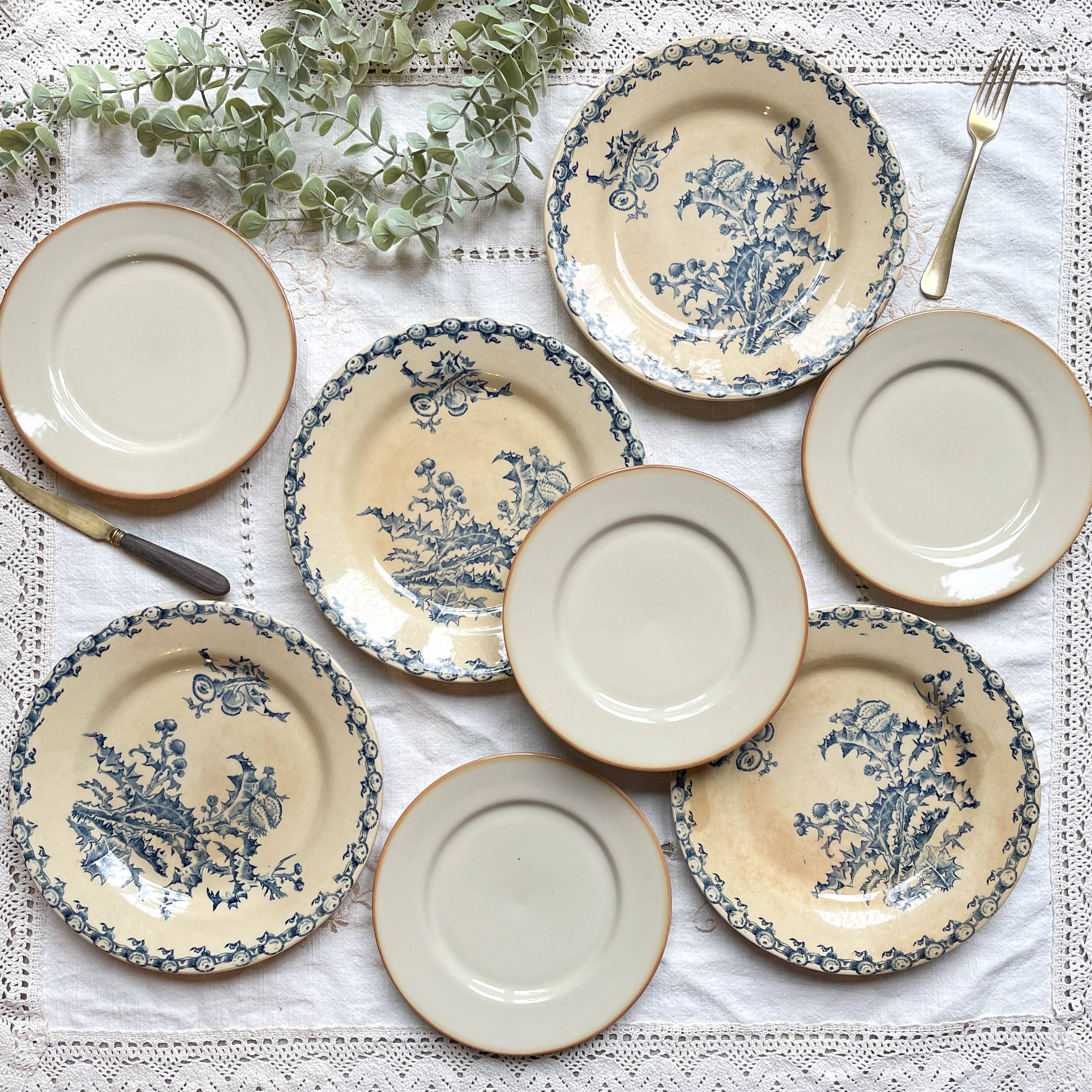 4 Gien Thistle ironstone plates + 4 small mismatched Tulowice stoneware plates