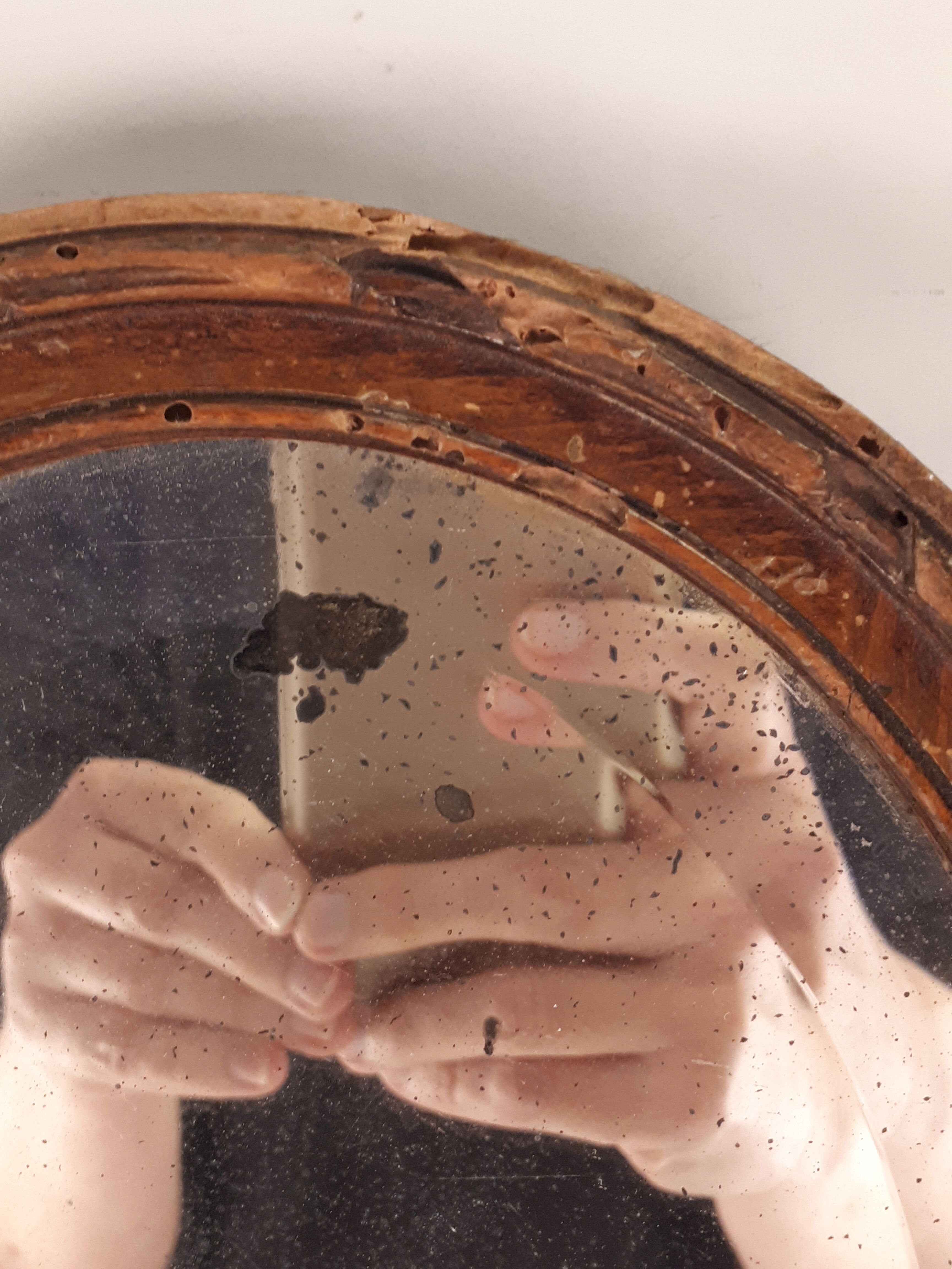 Old oval mirror bevelled classic wood frame - 28x22cm